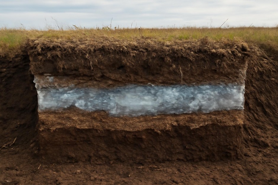 Cross-section illustration of yedoma and peatland permafrost showing ice and organic layers